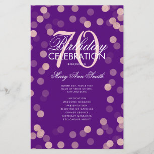 70 Birthday Program Rose Gold Confetti Menu Purple