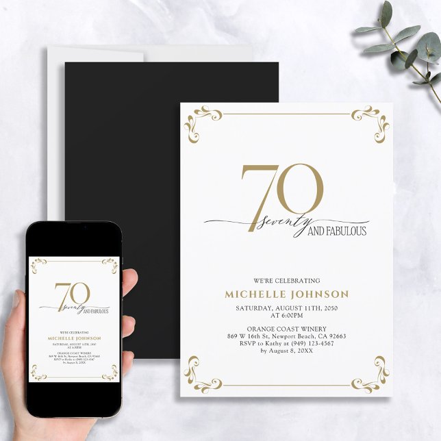 70 & Fabulous Black White & Gold Birthday Invitation (Creator Uploaded)