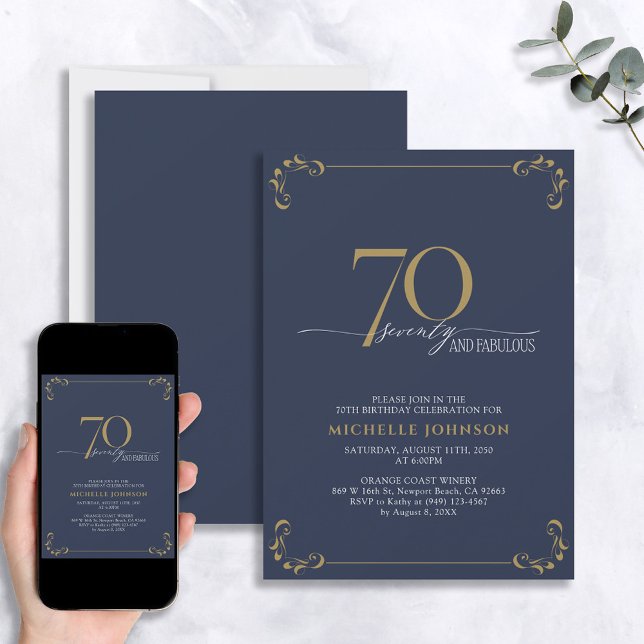 70 & Fabulous Blue & Gold Calligraphy Birthday Invitation (Creator Uploaded)