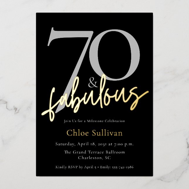 70 & Fabulous Gold Script Chic Birthday Party (Front)
