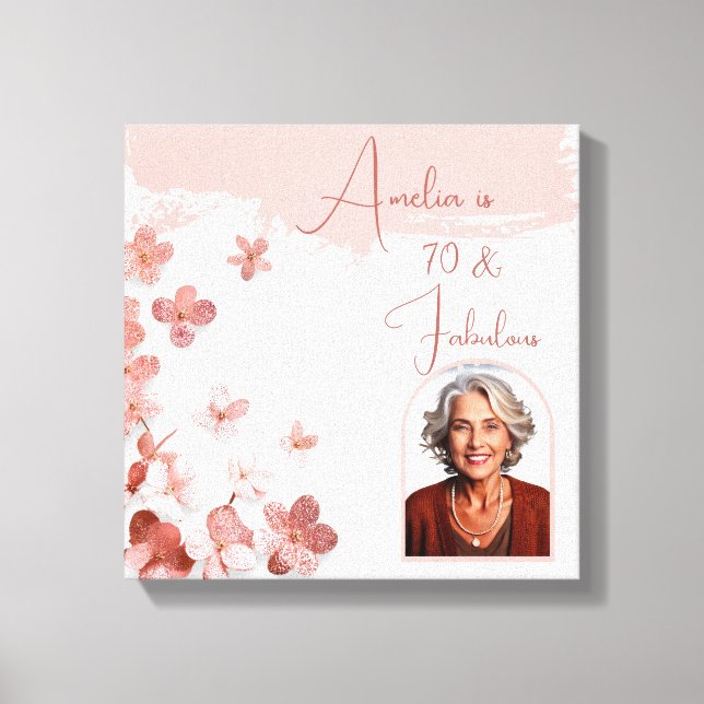 70 & Fabulous Pink Glitter Flowers Photo Birthday  Canvas Print (Front)