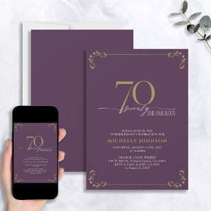 70 & Fabulous Purple & Gold Calligraphy Birthday Invitation