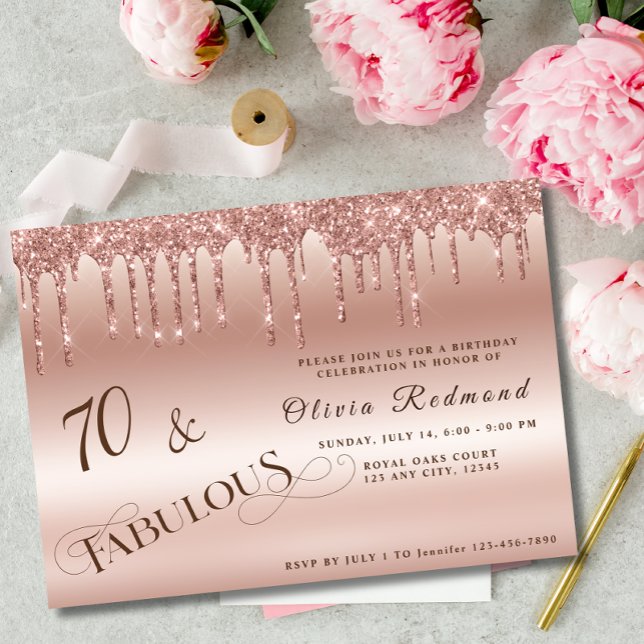 70 Fabulous Rose Gold Glitter Birthday Party Invitation (Creator Uploaded)