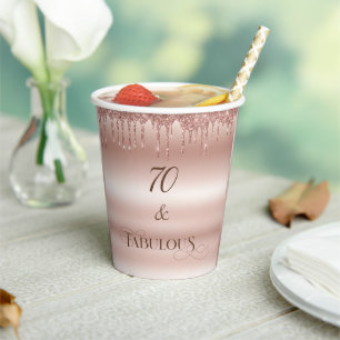 70 Fabulous Rose Gold Glitter Birthday Party Paper Cups