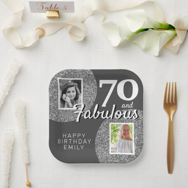 70 & Fabulous Silver Glitter 2 Photo 70th Birthday Paper Plate (Wedding)