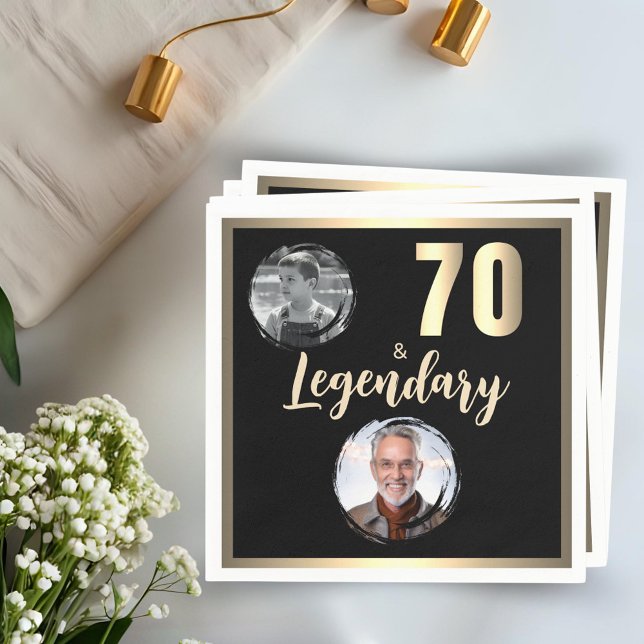70 & Legendary 2 Photos 70th Birthday Gold Napkin (Creator Uploaded)