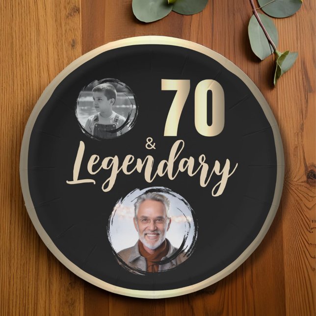 70 & Legendary 2 Photos 70th Birthday Gold Paper Plate (Creator Uploaded)