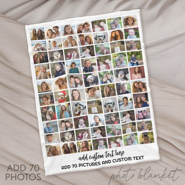 70 Photo Collage Grid - Custom Text - White Fleece Blanket (Custom Fleece Blanket with Photo Collage)