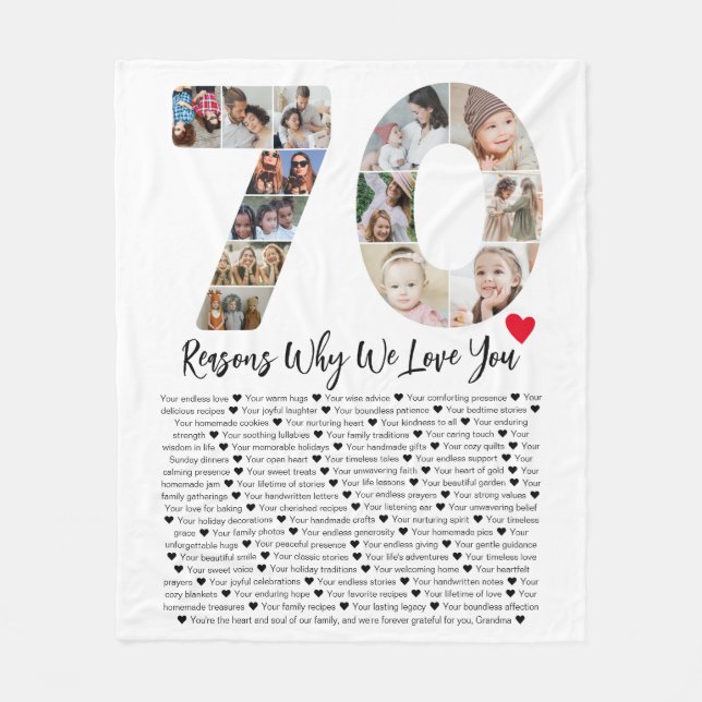70 Reasons Why We Love You 70th Birthday Collage Fleece Blanket (Front)