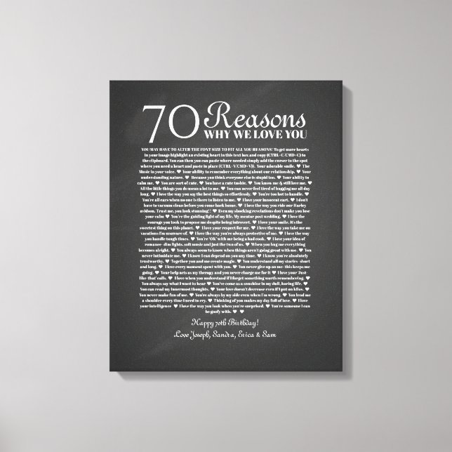 70 reasons why we love you birthday gift for him canvas print (Front)