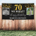 70 So What Before After Photo 70th Birthday Party Banner<br><div class="desc">70 So What Before After Photo 80th Birthday Party Banner. Party sign for the 70th birthday party with 2 photos - before and after, inspirational and funny quote 70 so what and text in trendy white script with a name. The background is back. Personalise the sign with your photos, your...</div>
