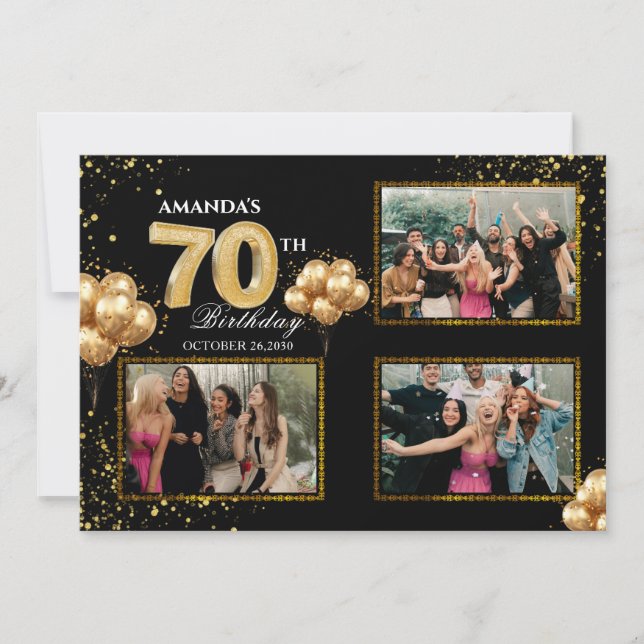70 th Birthday Gold Silver Black Balloons Invitation (Front)