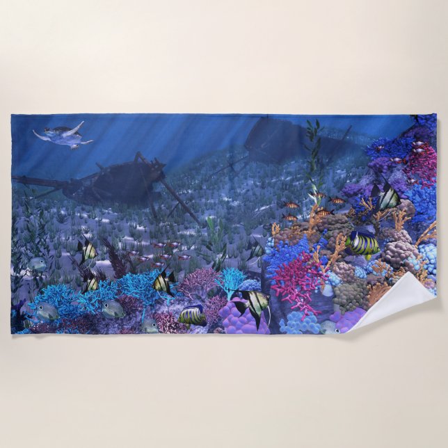 70”x35” beach towel with &quot;Watery Rest&quot; image (Front)