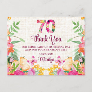 70 Years Flowers Floral Linen 70th Birthday Thanks Postcard
