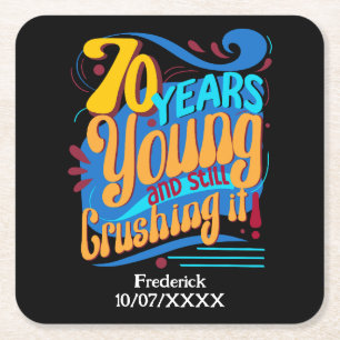 70 Years Still Crushing It, Seventy Retro Birthday Square Paper Coaster