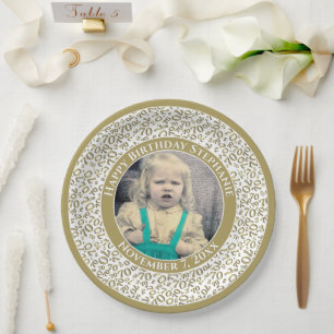 70 Your Photo Random Number Pattern Gold/White Paper Plate