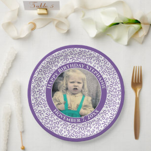 70 Your Photo Random Number Pattern Purple/White  Paper Plate