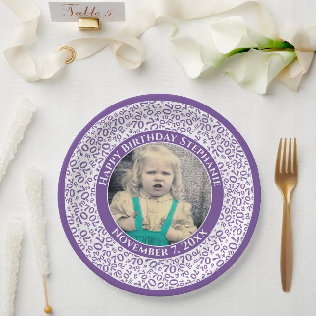 70 Your Photo Random Number Pattern Purple/White  Paper Plate (Wedding)