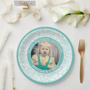 70 Your Photo Random Number Pattern Teal/White  Paper Plate
