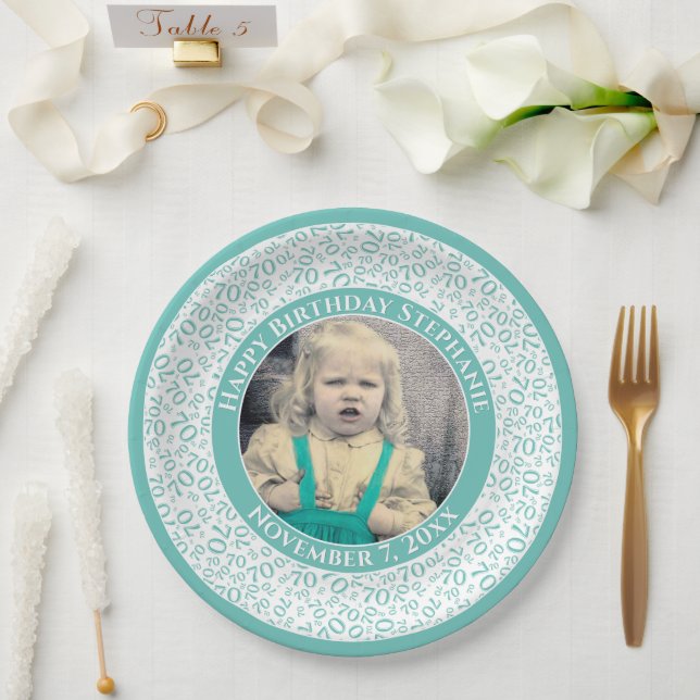 70 Your Photo Random Number Pattern Teal/White  Paper Plate (Wedding)