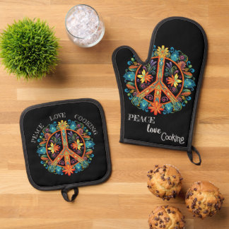 70s 60s Peace Sign Colourful Oven Mitt & Pot Holder Set