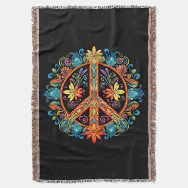 70s 60s Peace Sign Colourful Throw Blanket (Front Vertical)