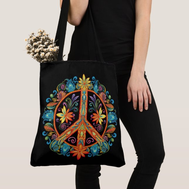 70s 60s Peace Sign Colourful Tote Bag (Close Up)