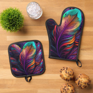 70s 60s Psychedelic Feathers Oven Mitt & Pot Holder Set