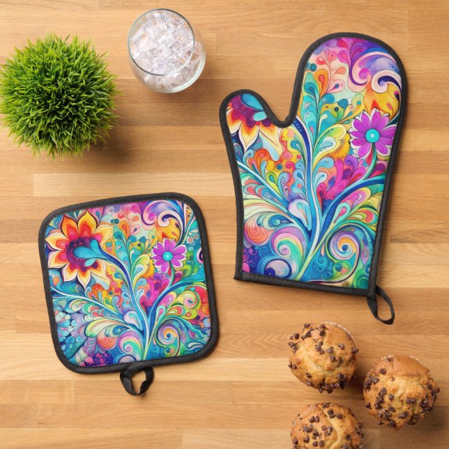 70s 60s Psychedelic Hippy Retro Hip Oven Mitt & Pot Holder Set (Top Down)
