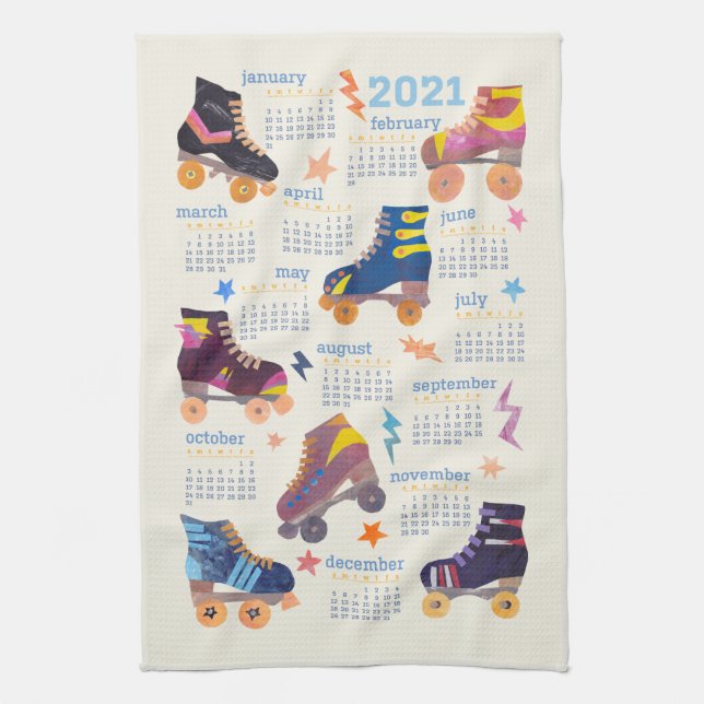 70s 80s Nostalgia Collage Roller Skates Calendar Tea Towel (Vertical)