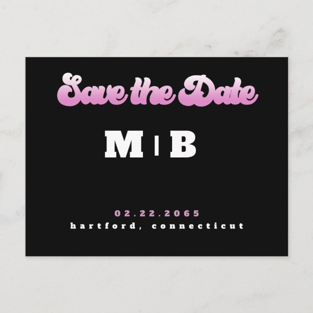 70's Black and Pink Wedding Save the Date Postcard (Front)