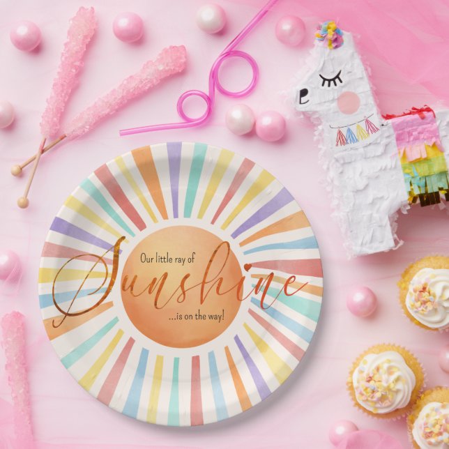 70s Boho Sun 'Little Ray of Sunshine' Baby Shower Paper Plate (Party)