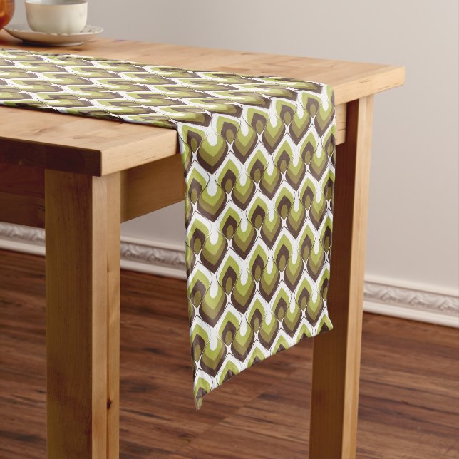 70s Bold Modern Retro Ogee Motif in Greens Short Table Runner (In Situ)