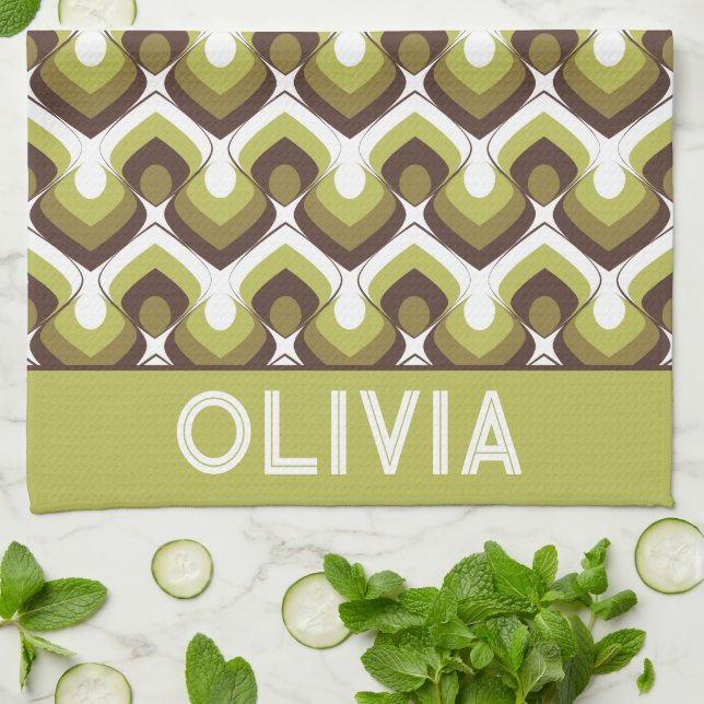 70s Bold Modern Retro Ogee Motif in Greens Tea Towel (Folded)