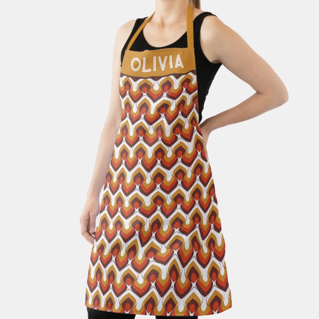70s Bold Retro Modern Motif in Orange & Brown Apron (Insitu)
