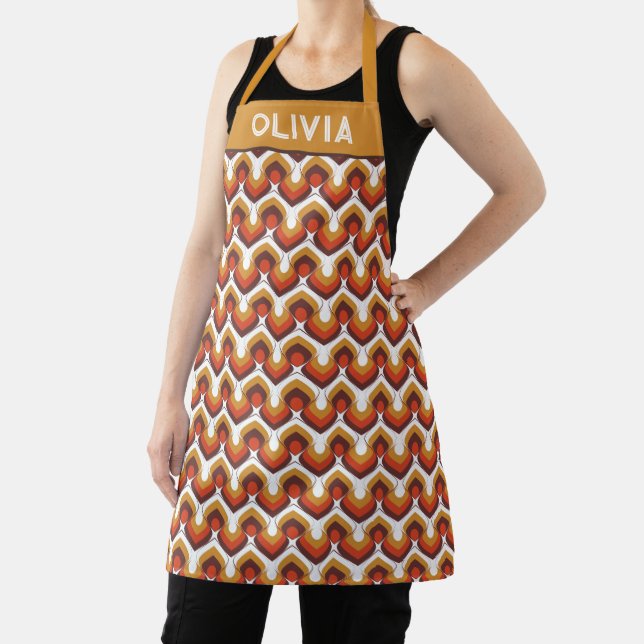 70s Bold Retro Modern Motif in Orange & Brown Apron (Insitu)