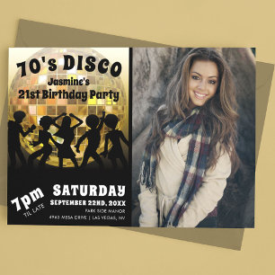 70's Disco Birthday Photo   Gold Glitter Ball Invitation