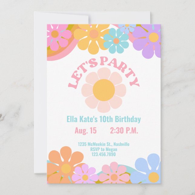 70s Flower Power Birthday Invitation, 70s Retro  Invitation (Front)