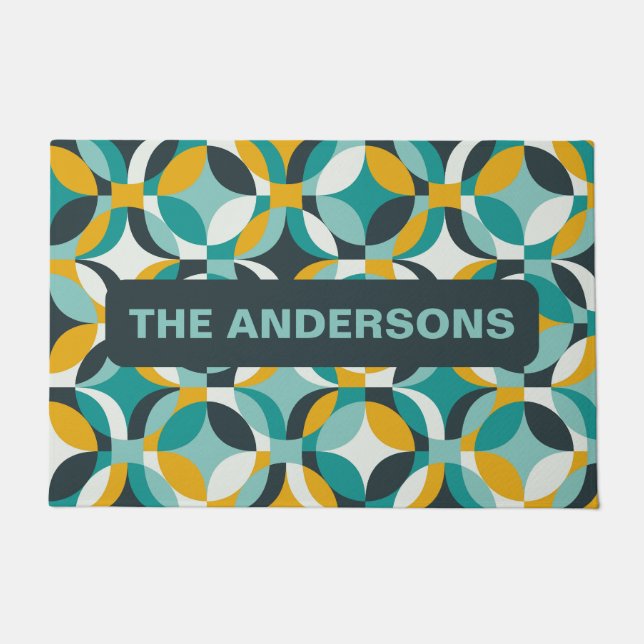 70s geometric circls blue retro personalized doormat (Front)