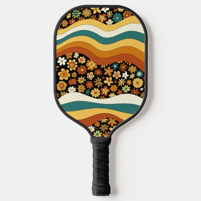 70s Inspired Retro Floral Groovy Stripes Pattern Pickleball Paddle (Front)