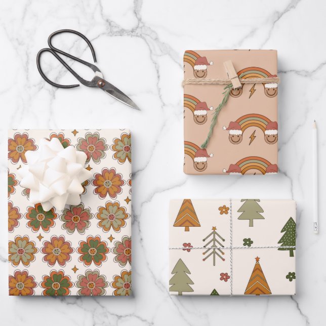 70s Nostalgia Retro Groovy Christmas Wrapping Paper Sheet (Front)