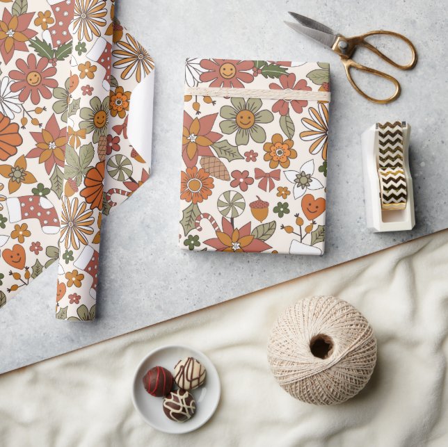 70s Nostalgia Retro Groovy Flower Christmas Wrapping Paper (Crafts)