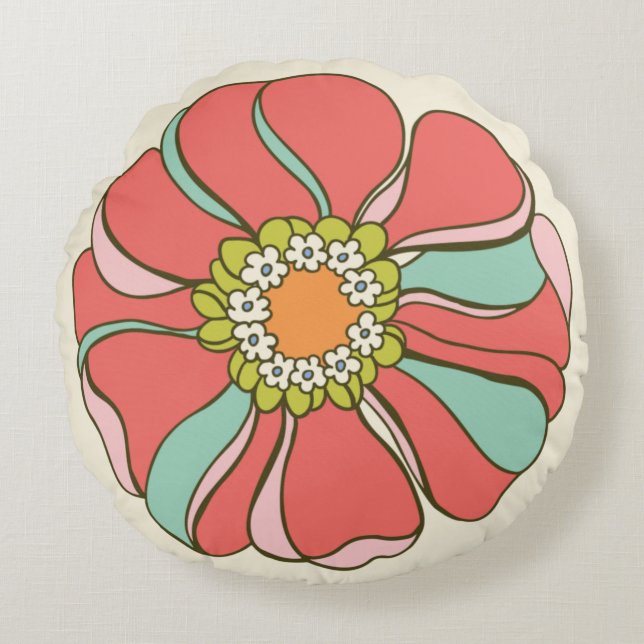 70s Pink & Aqua Retro Flower Round Cushion (Front)