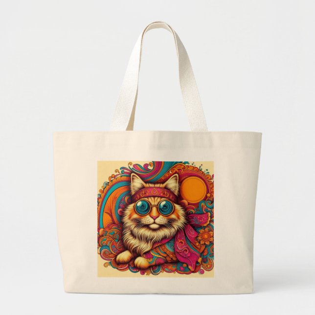 70's psychedelic cat large tote bag (Front)