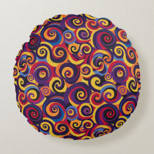 70s Psychedelic Retro Swirl Pattern Bright Reds, Round Cushion