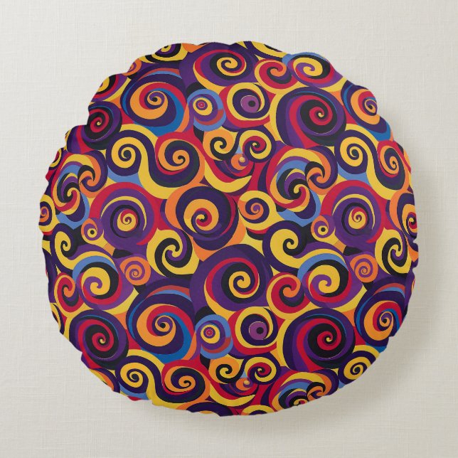 70s Psychedelic Retro Swirl Pattern | Bright Reds, Round Cushion (Front)