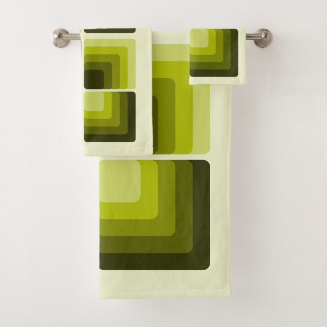 70s Rainbow Squares Monochrome Green Bath Towel Set (Insitu)