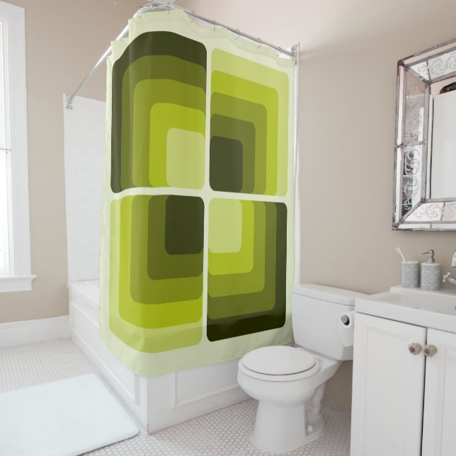70s Rainbow Squares Monochrome Green Shower Curtain (In Situ)
