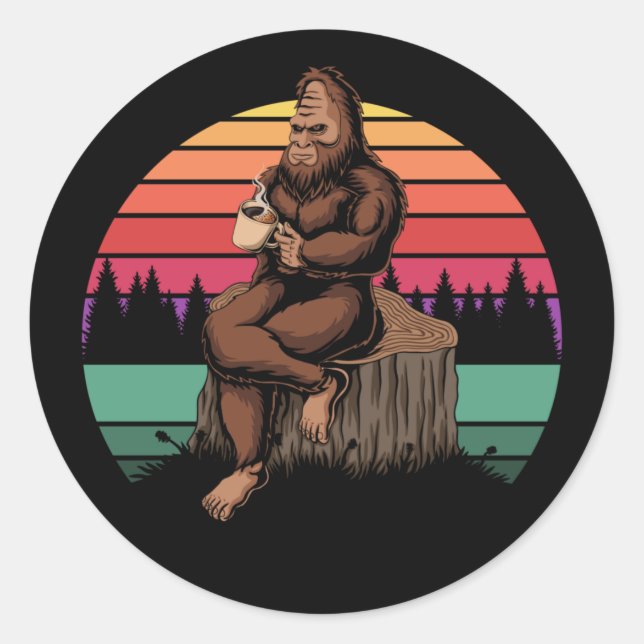 70s Retro Bigfoot & Coffee Classic Round Sticker (Front)
