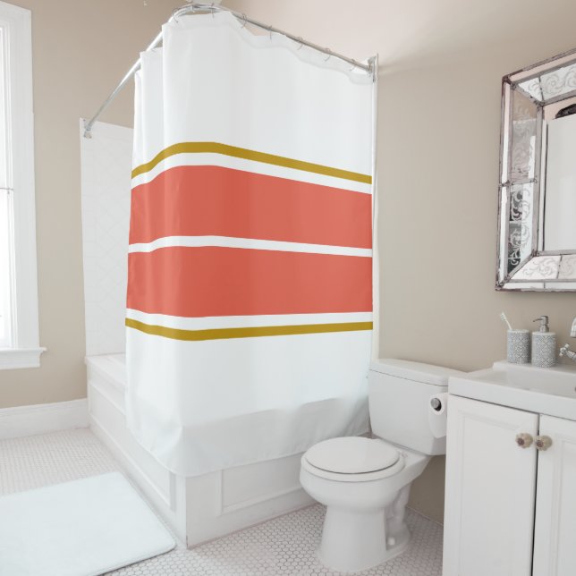 70s Retro Bold Twin Orange White Racing Stripes  Shower Curtain (In Situ)